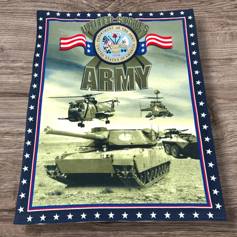 US Army Fleece Throw Blanket Double Sided Military Seal‎ Tank Helicopter 46x58